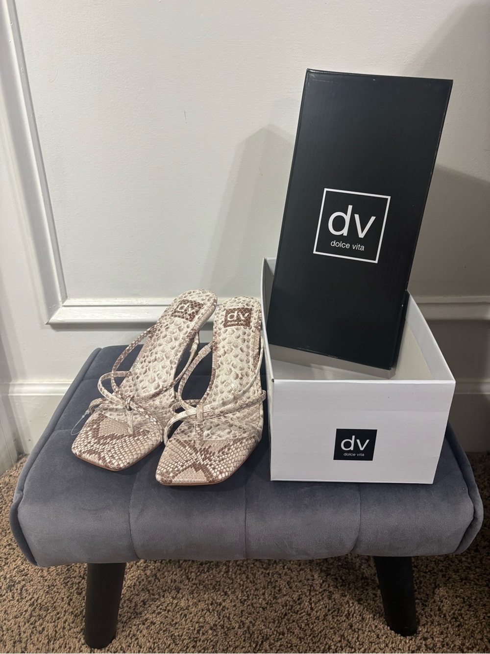 Dolce Vita Taupe Snake-Print Strappy Heeled Sandals